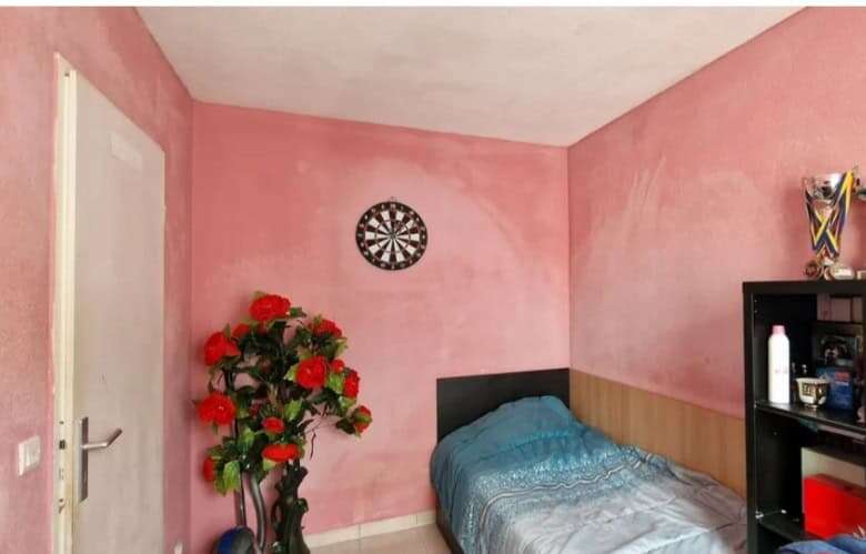 Cozy bedroom in Paris with pink walls and contemporary furnishings.