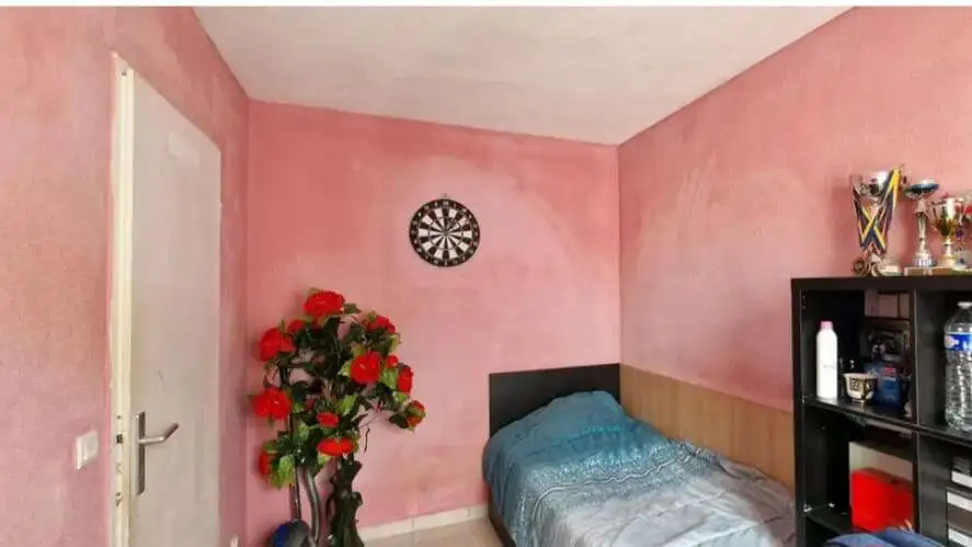 Cozy bedroom in Paris with pink walls and contemporary furnishings.