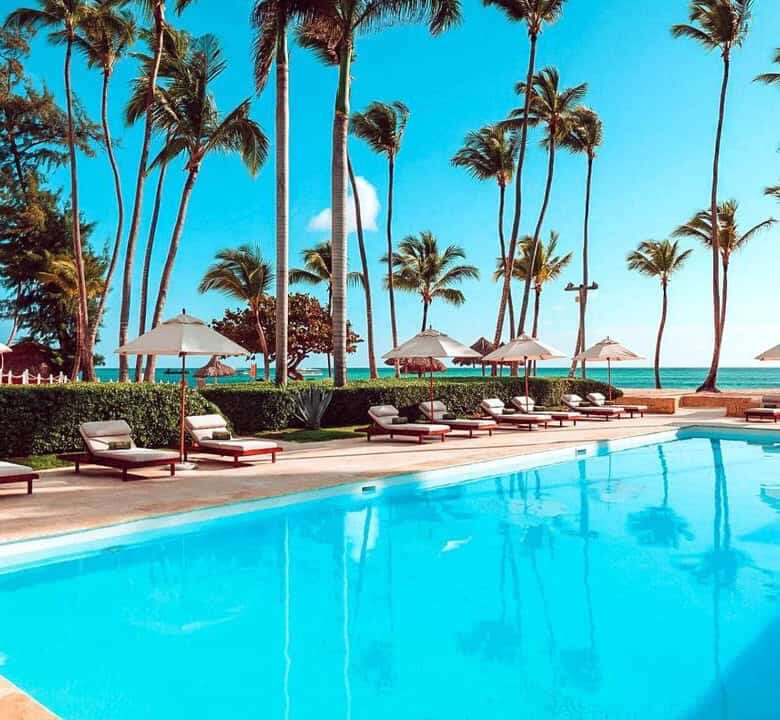 Beautiful poolside view at Coral Bahia 2-bedroom apartment in Punta Cana, Dominican Republic.