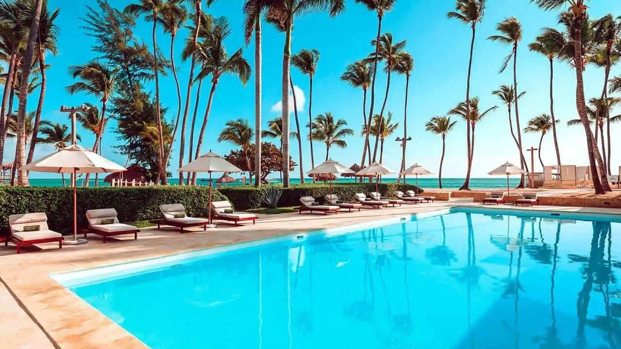 Beautiful poolside view at Coral Bahia 2-bedroom apartment in Punta Cana, Dominican Republic.