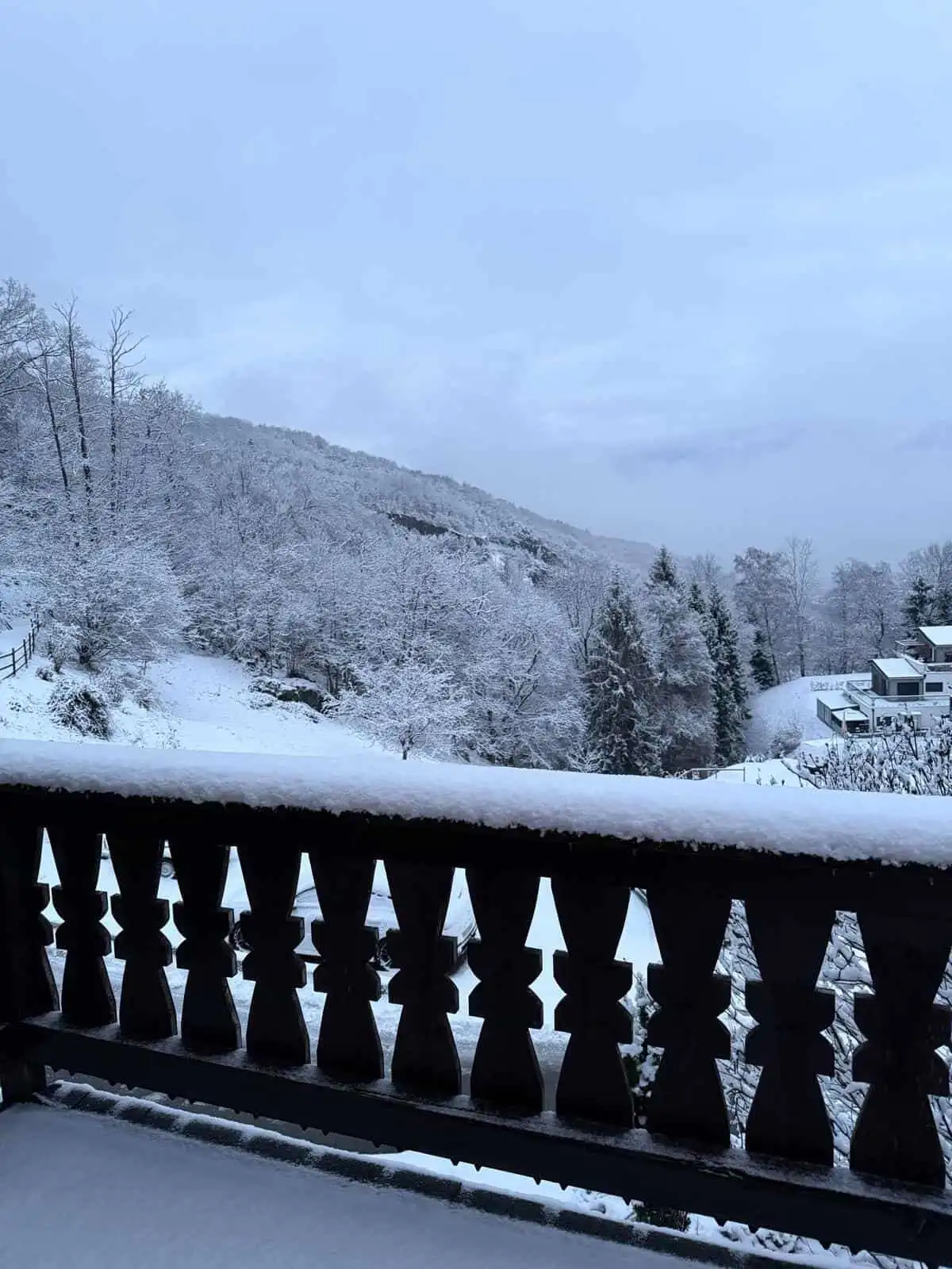 Charming Swiss chalet overlooking snow-covered mountains and forest, perfect for holiday stays or re.
