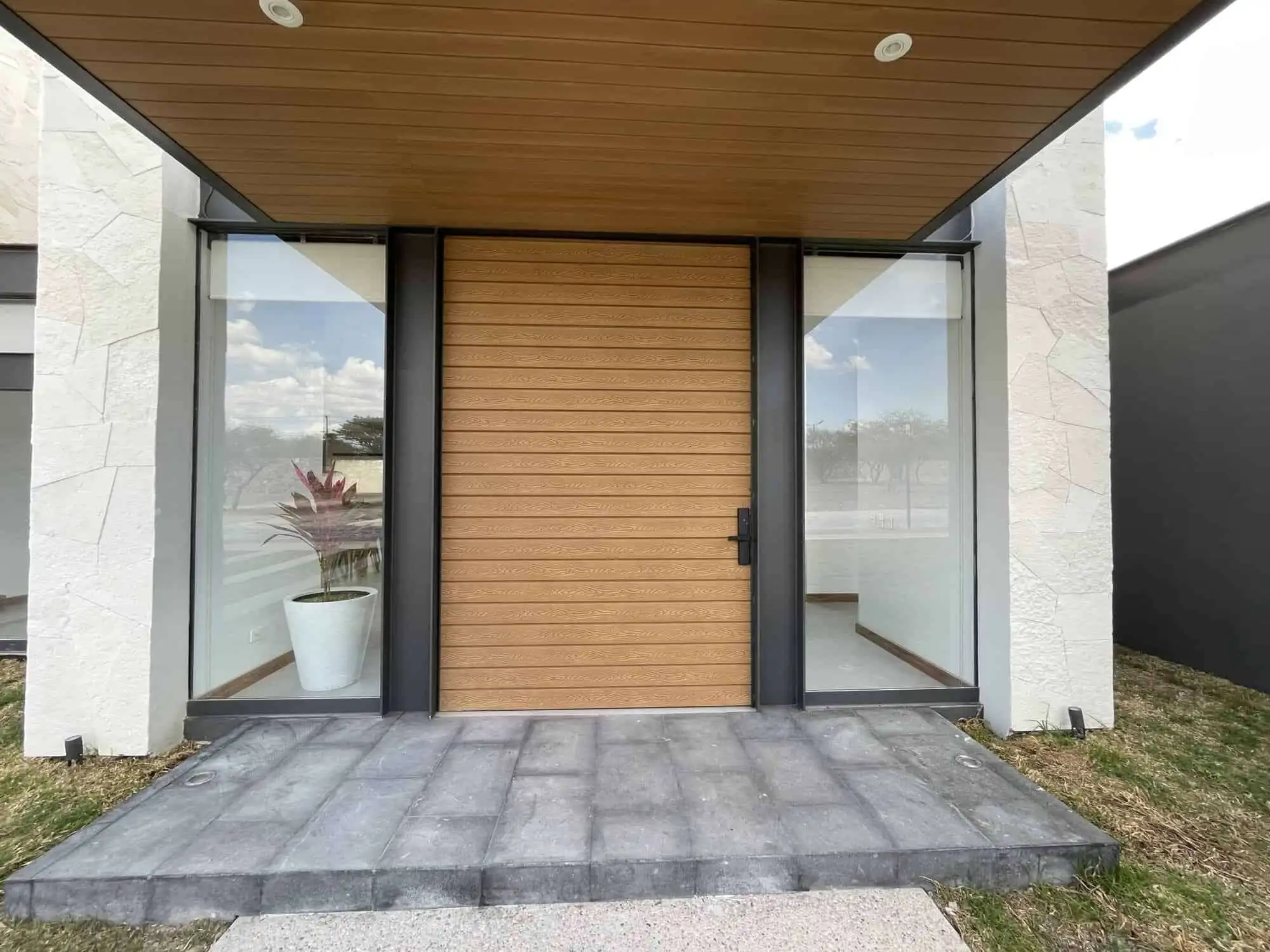 Modern home entrance with wooden door and glass panels in San Miguel de Allende.