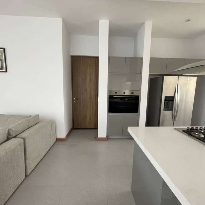 Spacious kitchen with sleek appliances and cozy living space with neutral decor.