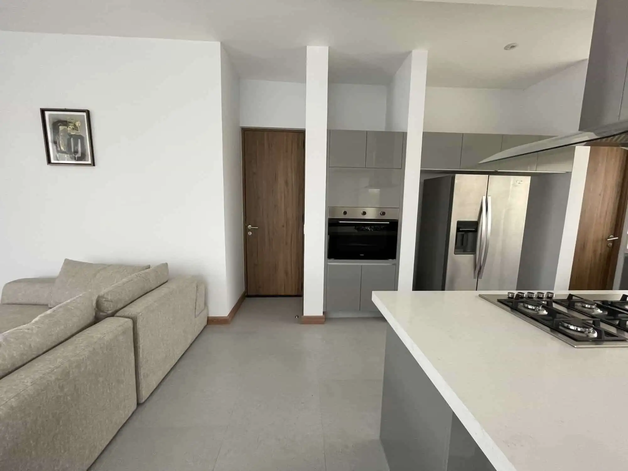 Spacious kitchen with sleek appliances and cozy living space with neutral decor.