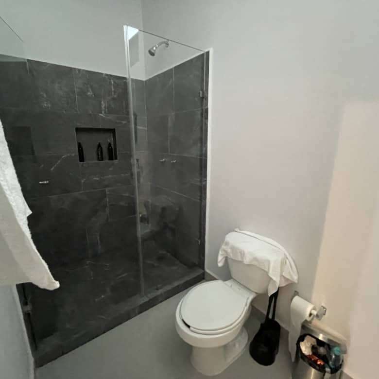 Modern bathroom with walk-in shower and sleek fixtures.