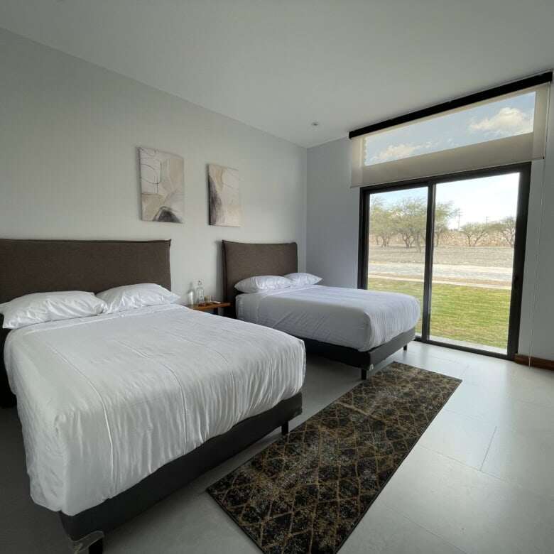 Elegant bedroom with two comfortable beds and modern decor in San Miguel de Allende.