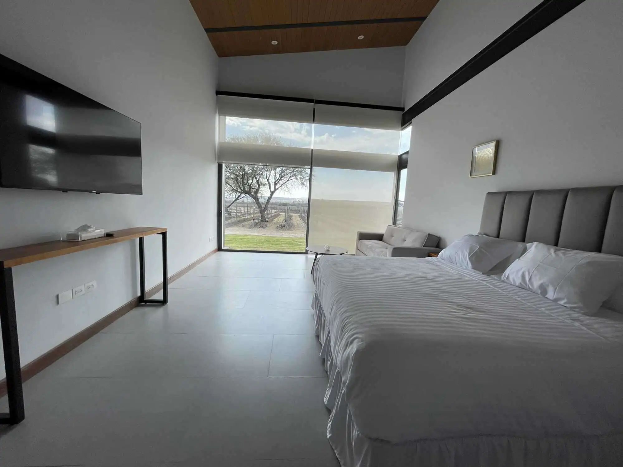 Modern bedroom with large window overlooking vineyard and scenic landscape.