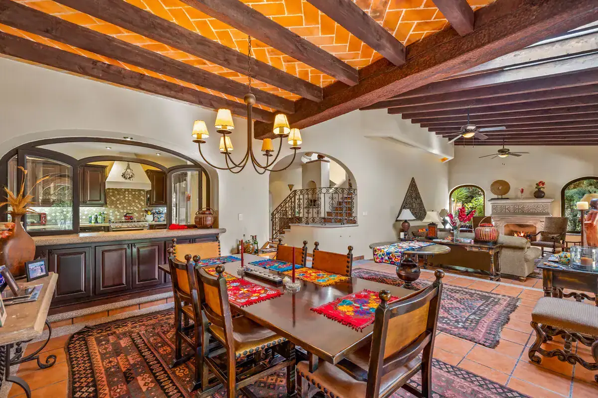 Elegant Rancho Los Labradores Dining Room Spacious dining area in a lakefront home at Rancho Los Labradores, San Miguel de Allende, featuring.