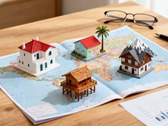 Vacation homes on world map with miniature houses and travel documents.
