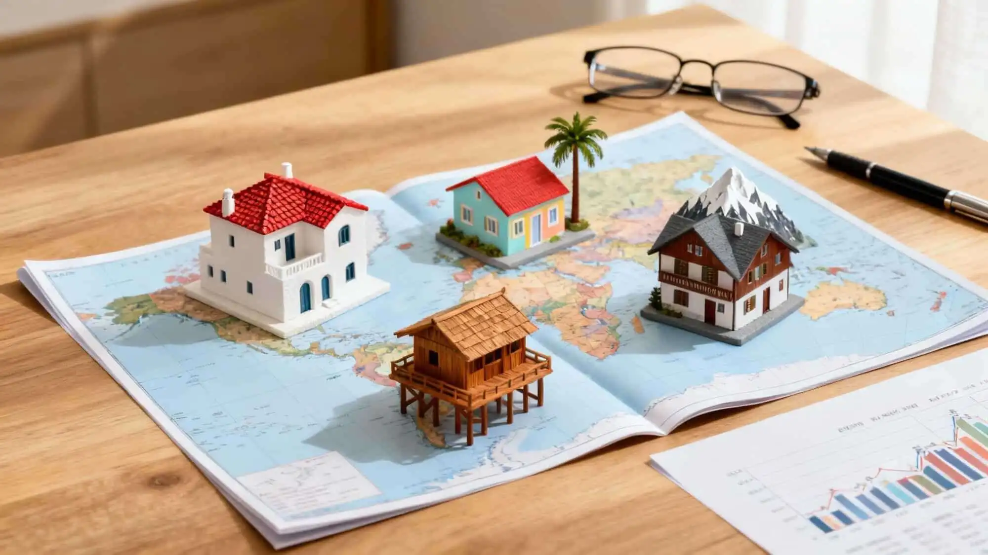 Vacation homes on world map with miniature houses and travel documents.