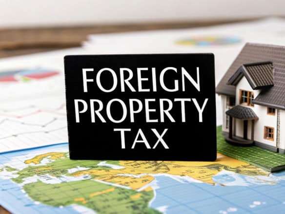 Foreign property tax sign with house model and world map background.