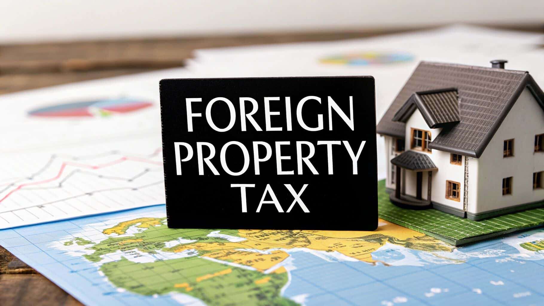 Foreign property tax sign with house model and world map background.