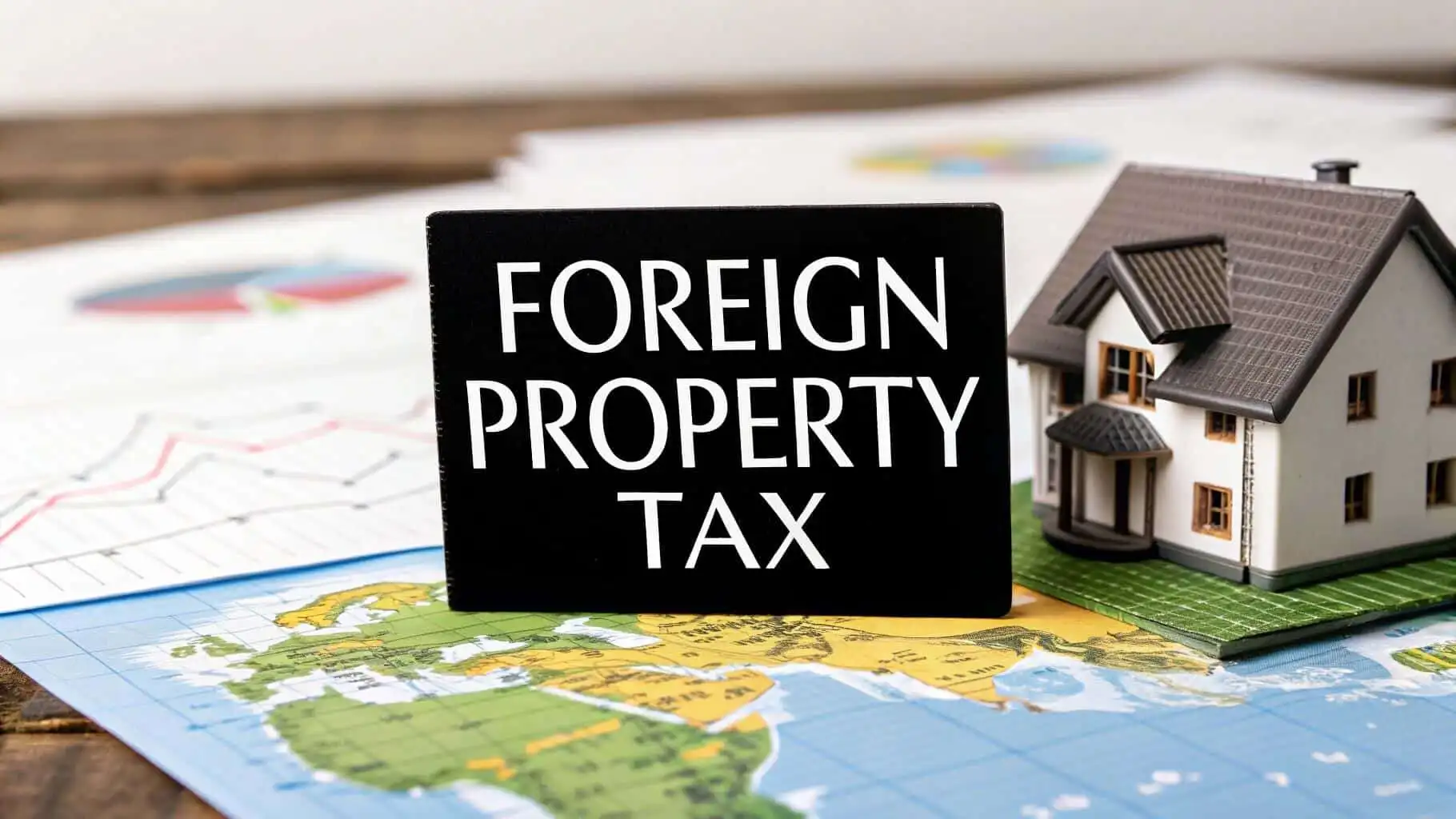 Foreign property tax sign with house model and world map background.