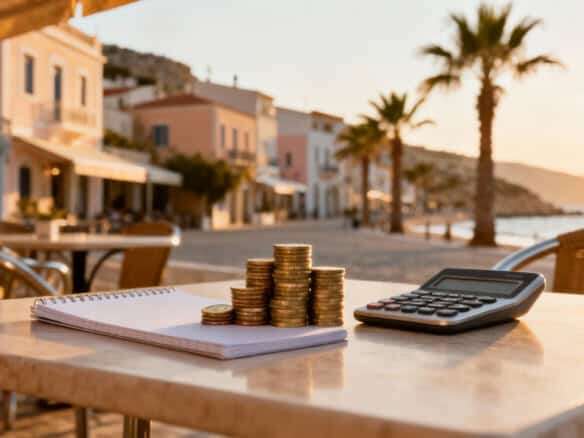 Seaside property with investment potential, featuring a scenic view, coins, calculator, and notepad.