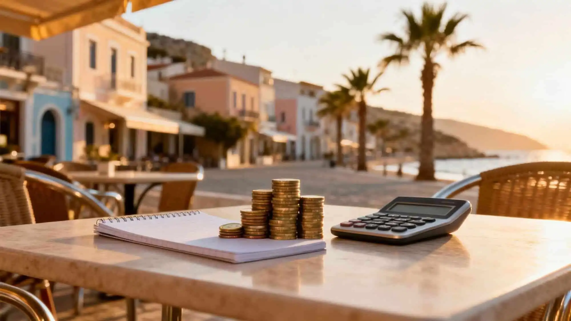 Seaside property with investment potential, featuring a scenic view, coins, calculator, and notepad.
