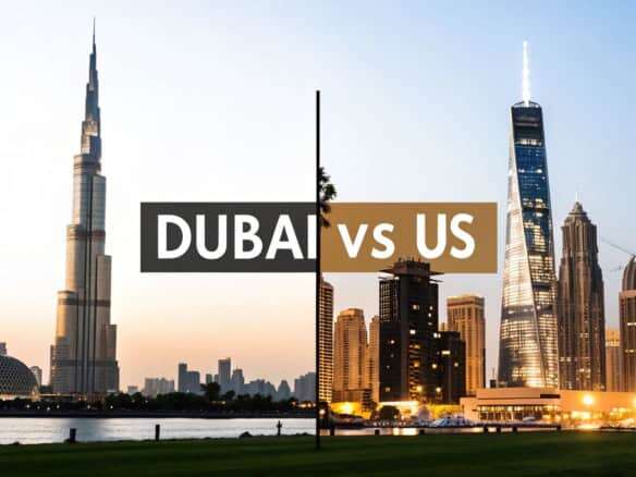 Dubai and US city skyline comparison at sunset.