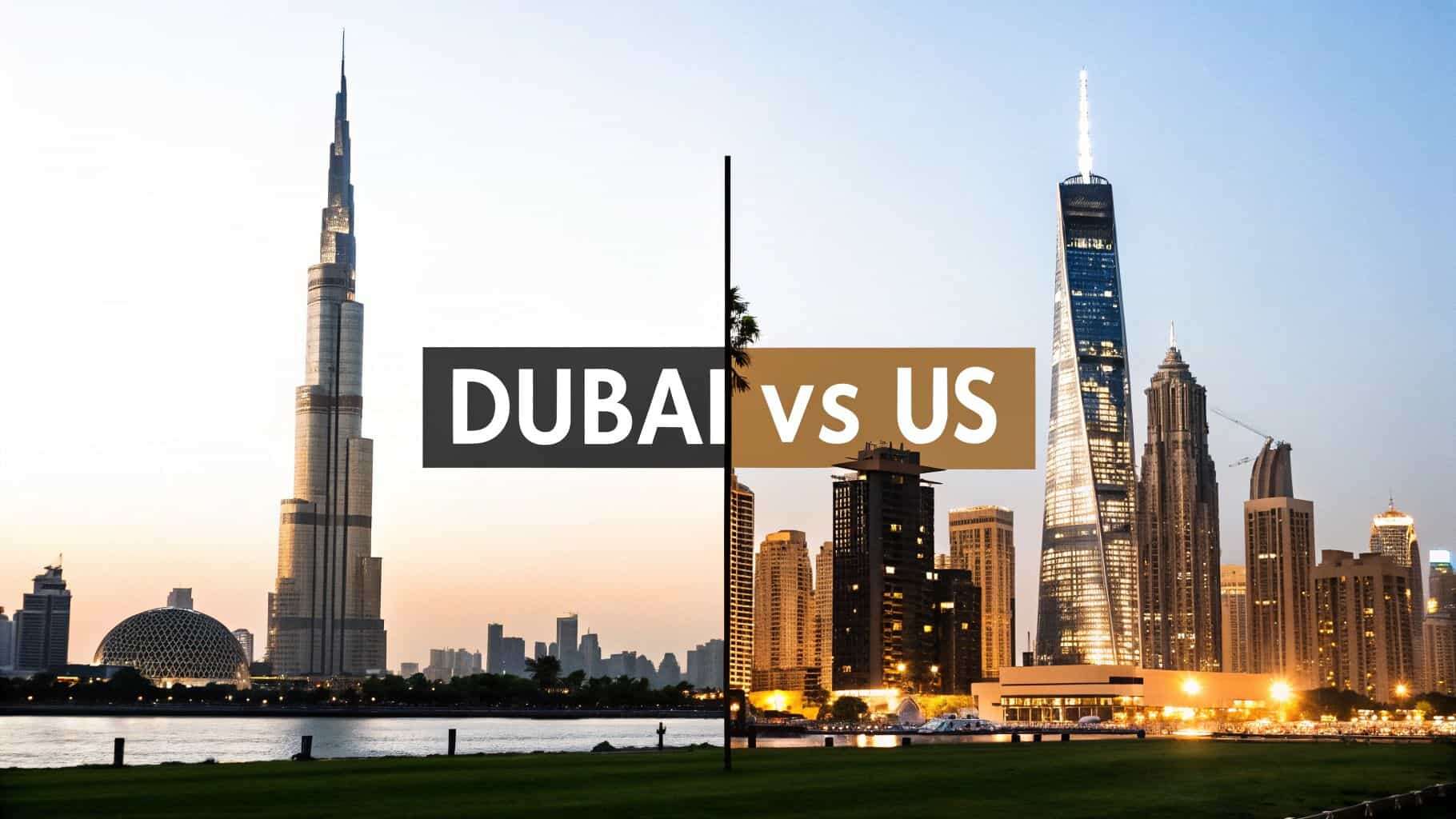 Dubai and US city skyline comparison at sunset.