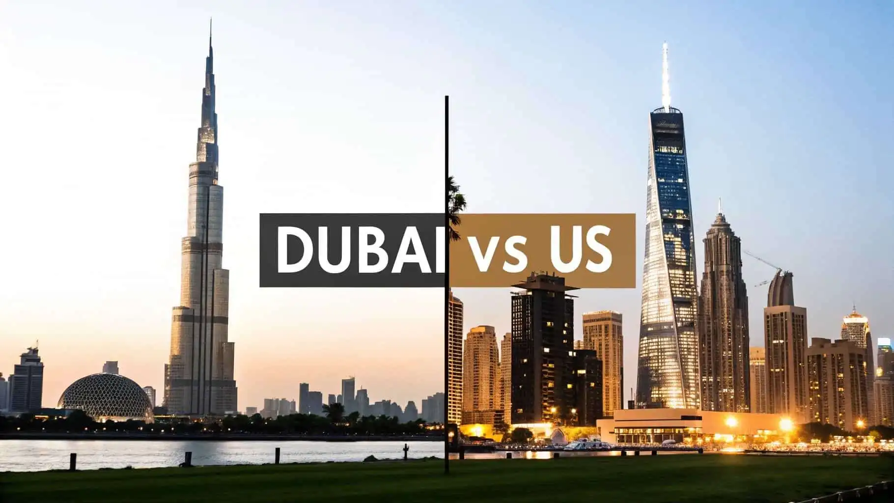 Dubai and US city skyline comparison at sunset.