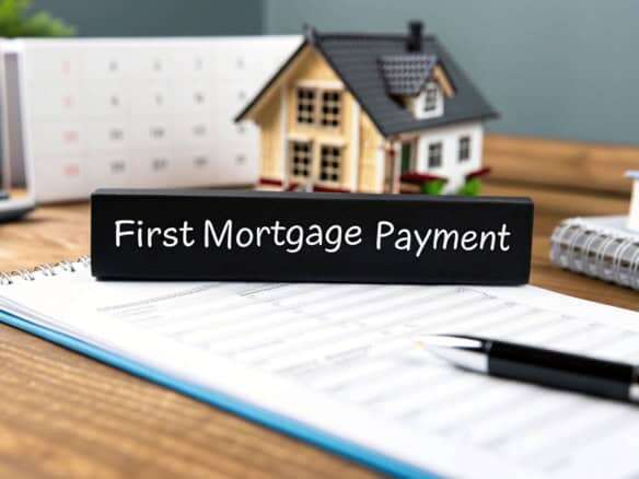Close-up of a first mortgage payment sign on a desk with house model and documents.