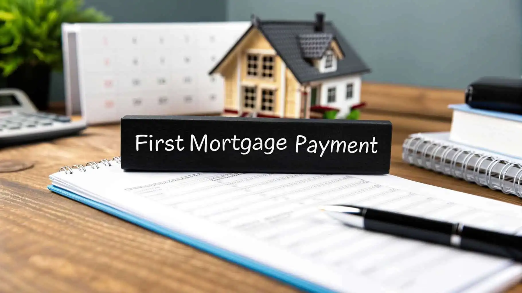 Close-up of a first mortgage payment sign on a desk with house model and documents.