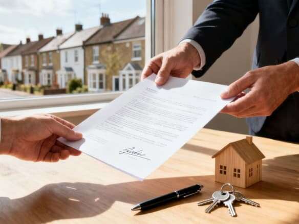 Businessmen exchanging property documents in an office setting.