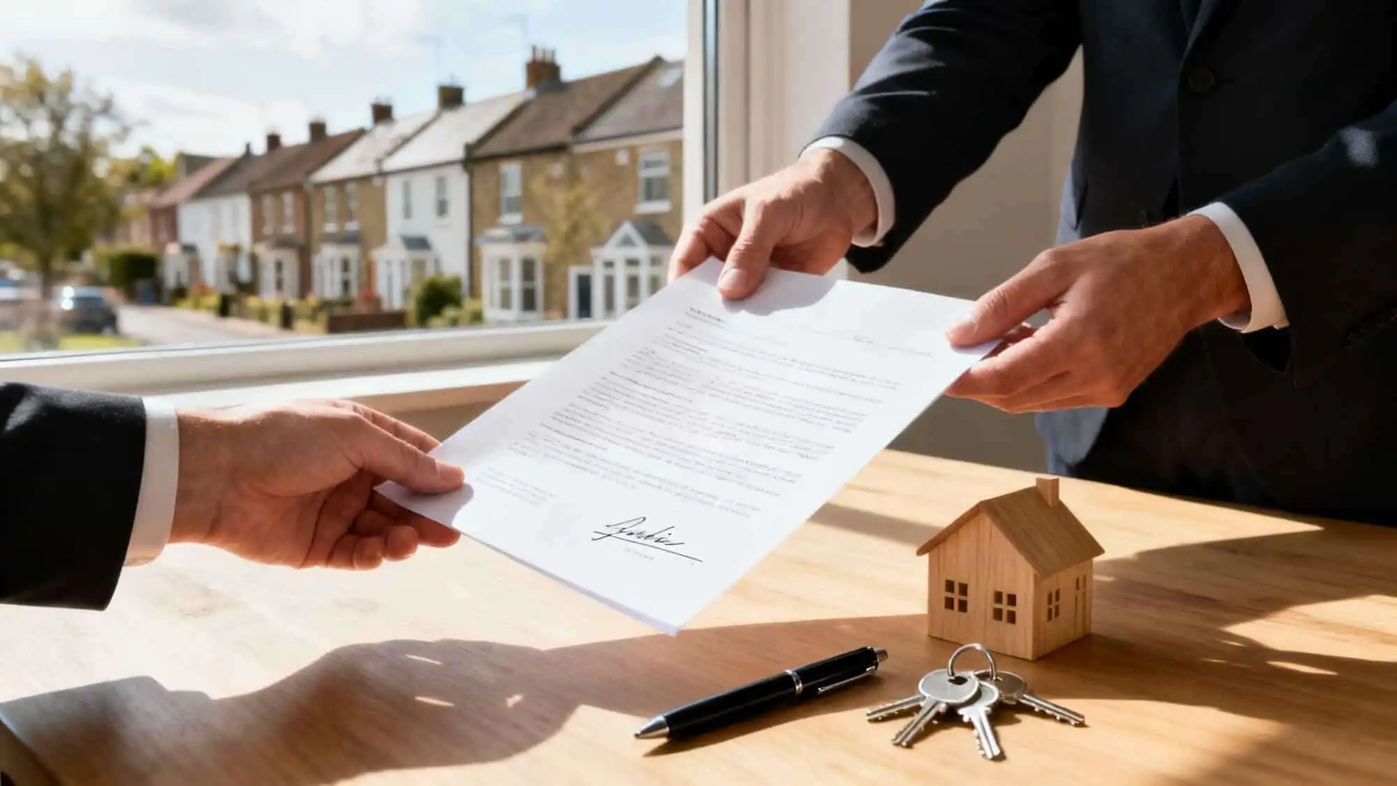 Businessmen exchanging property documents in an office setting.