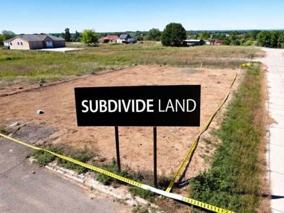 Empty subdivide land plot with yellow boundary tape, ready for development.