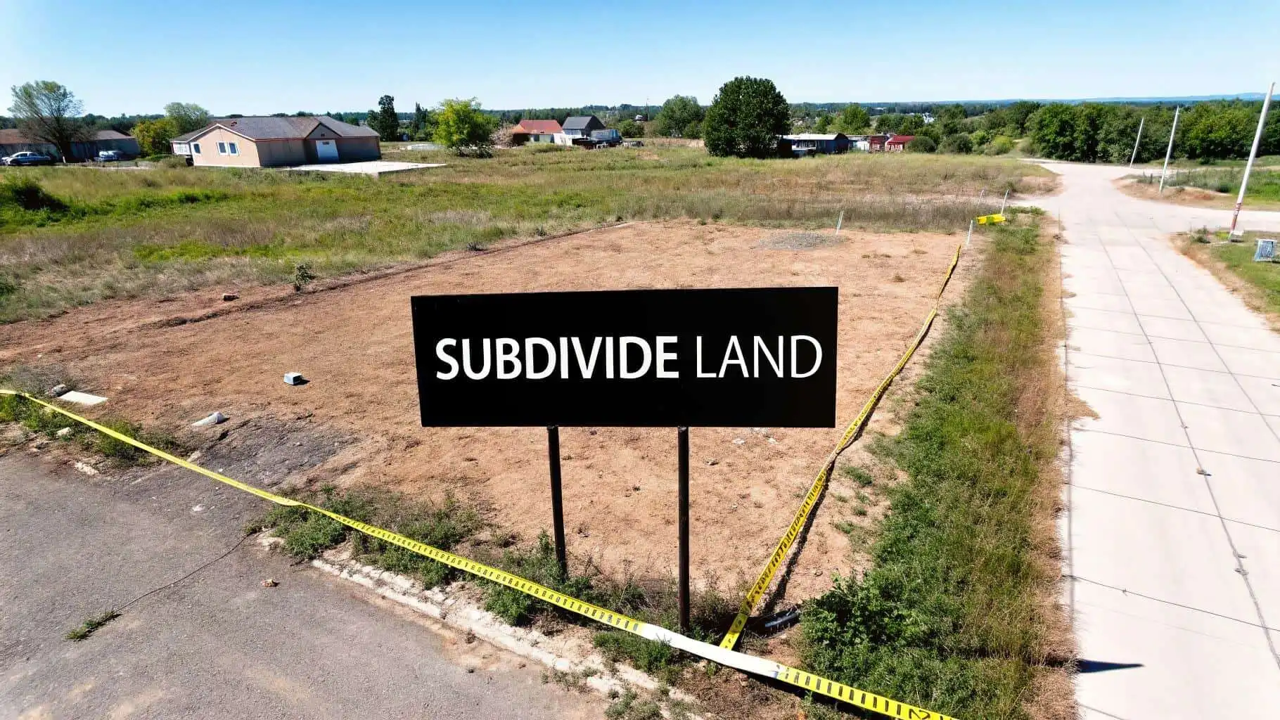 Empty subdivide land plot with yellow boundary tape, ready for development.