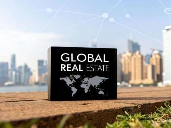International property for sale sign with world map and city skyline background.