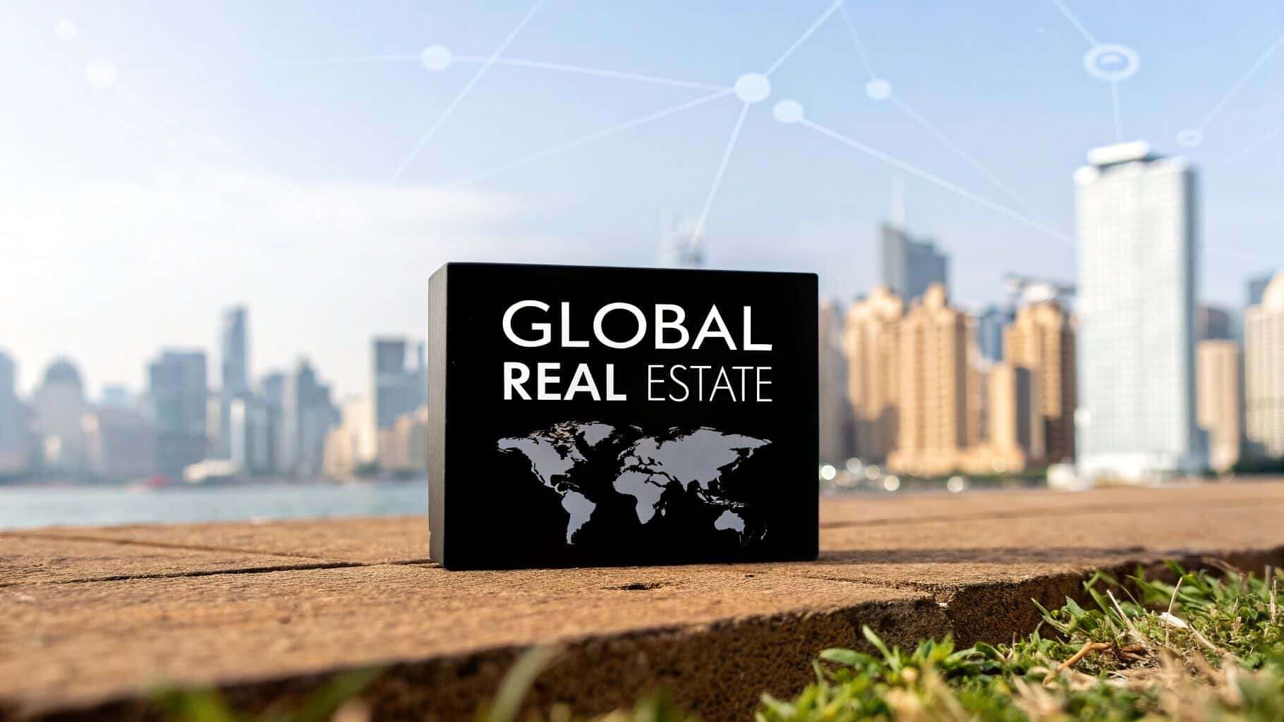 International property for sale sign with world map and city skyline background.