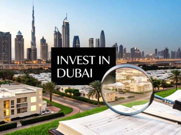 Modern Dubai skyline with skyscrapers and palm trees, ideal for property investment.