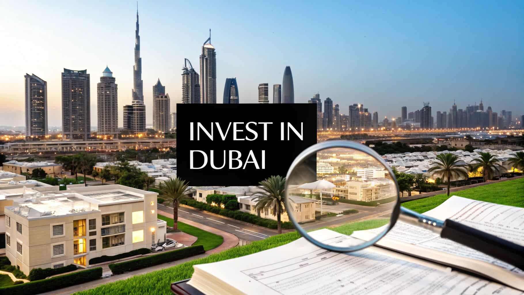 Modern Dubai skyline with skyscrapers and palm trees, ideal for property investment.