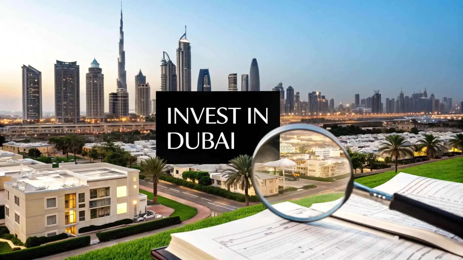 Modern Dubai skyline with skyscrapers and palm trees, ideal for property investment.