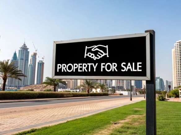 Property for sale sign with Dubai skyline in background.