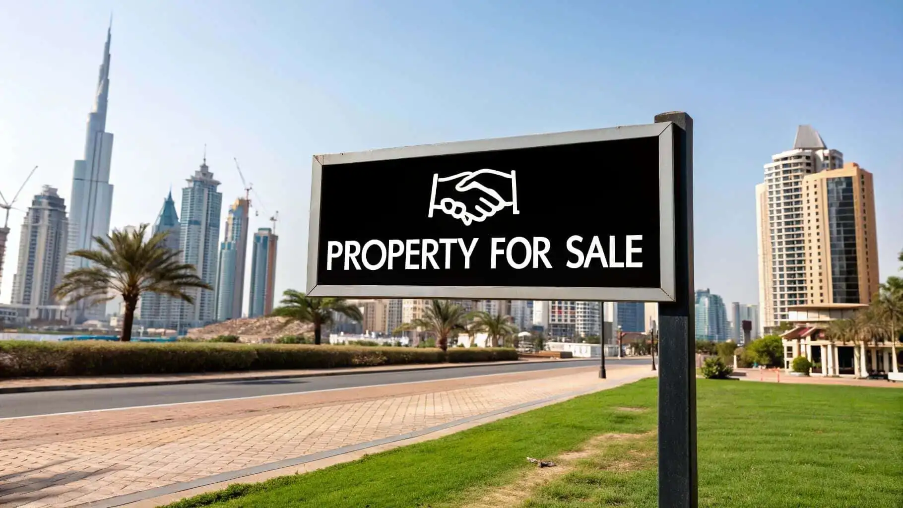 Property for sale sign with Dubai skyline in background.