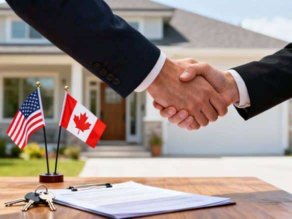 Business handshake over property deal with USA and Canada flags.