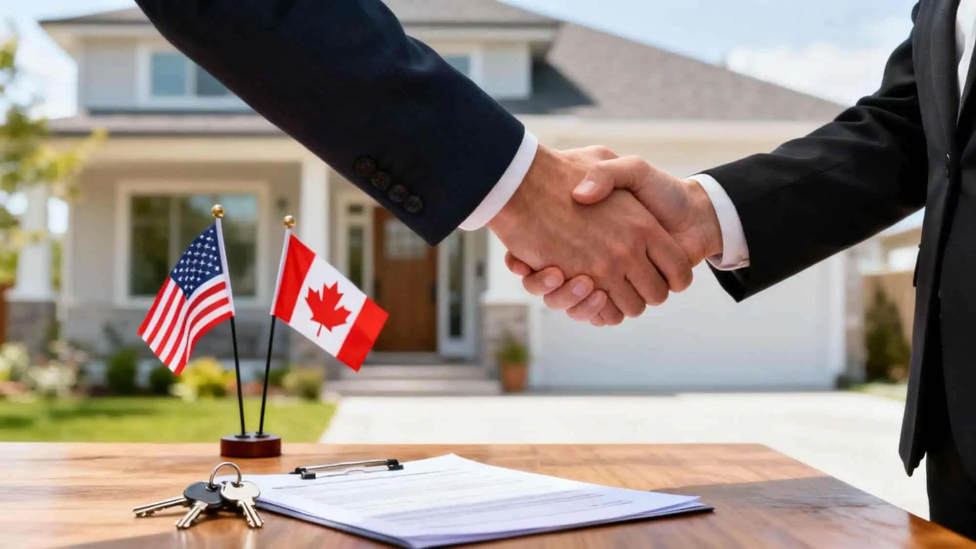 Business handshake over property deal with USA and Canada flags.