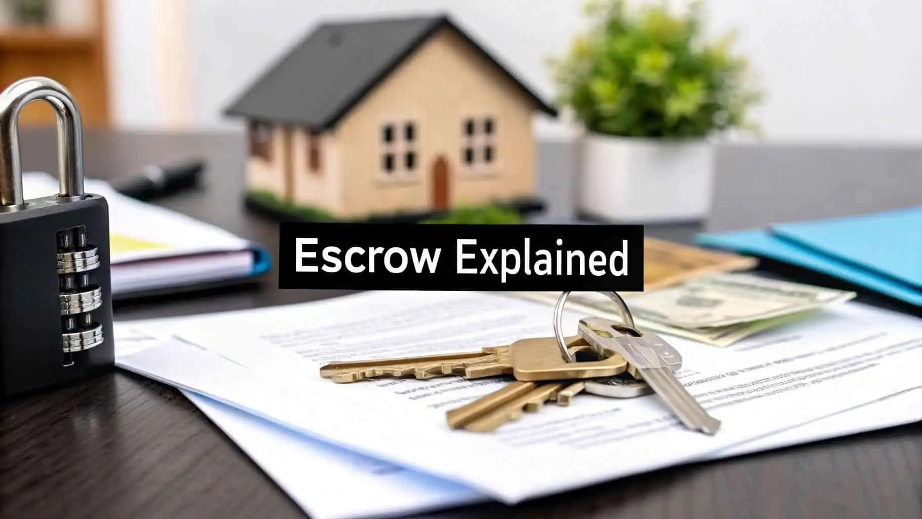 Keys on documents with house model, representing property purchase process.
