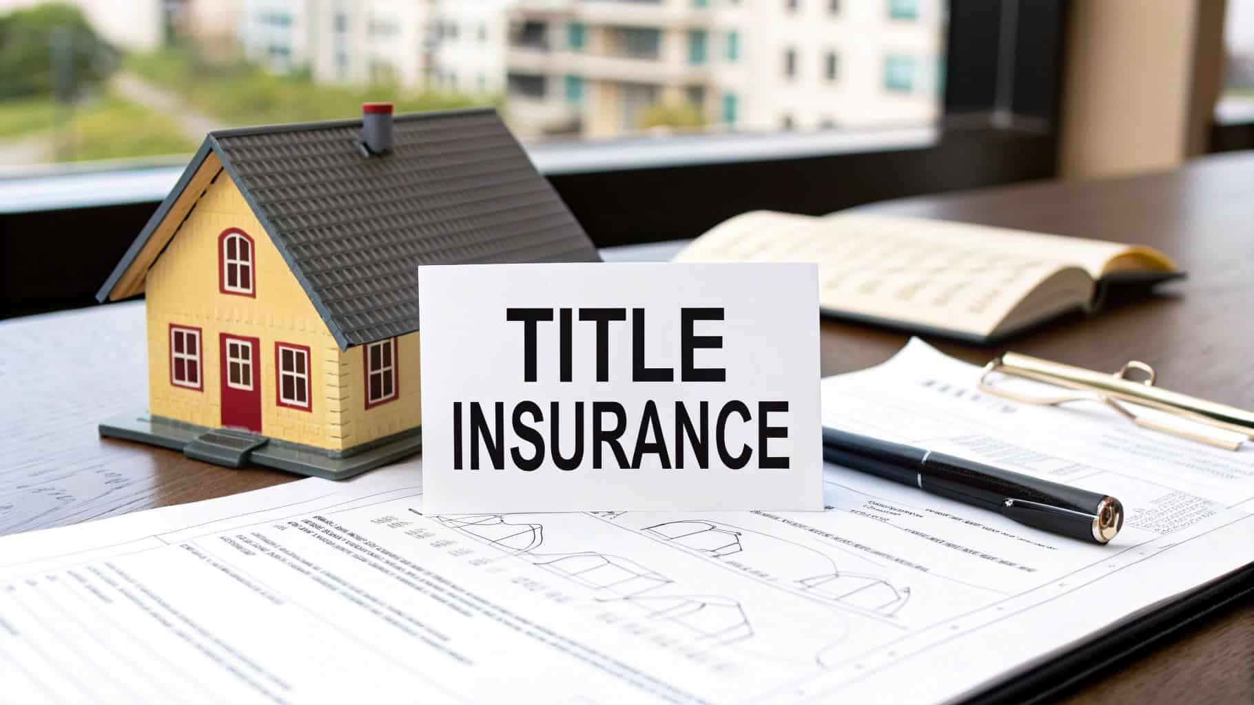 Home insurance policy document on desk with house model and plans.