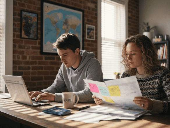 Young couple researching international property options at home for holiday investment.