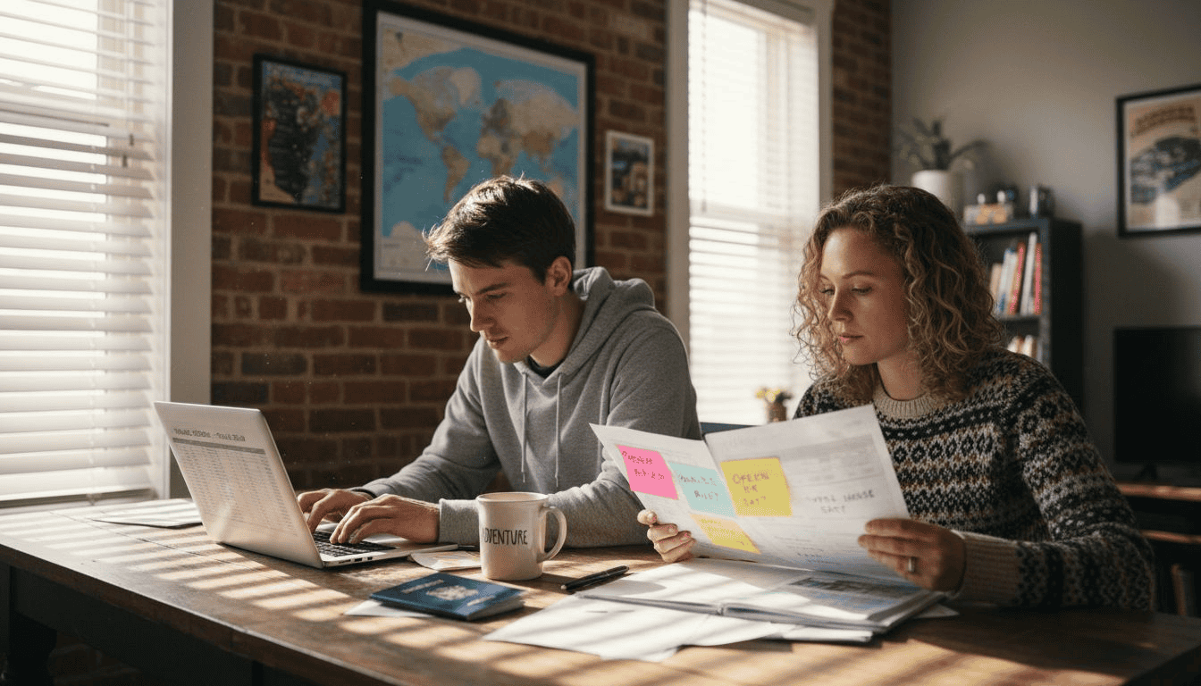 Young couple researching international property options at home for holiday investment.
