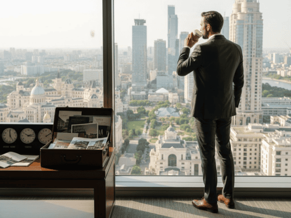 Business professional analyzing urban view of city from high-rise office window.