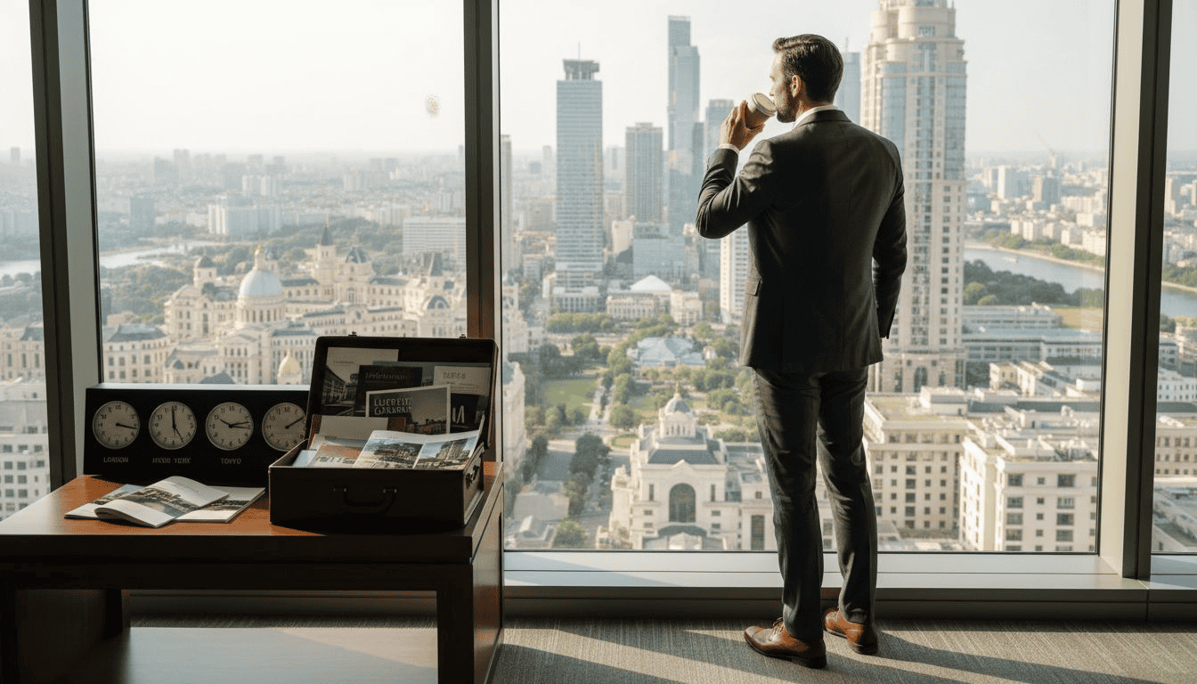 Business professional analyzing urban view of city from high-rise office window.