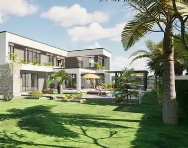 Modern luxury residences at RH Palmeraie Resort in Ngaparou Saly, with lush gardens and pool.