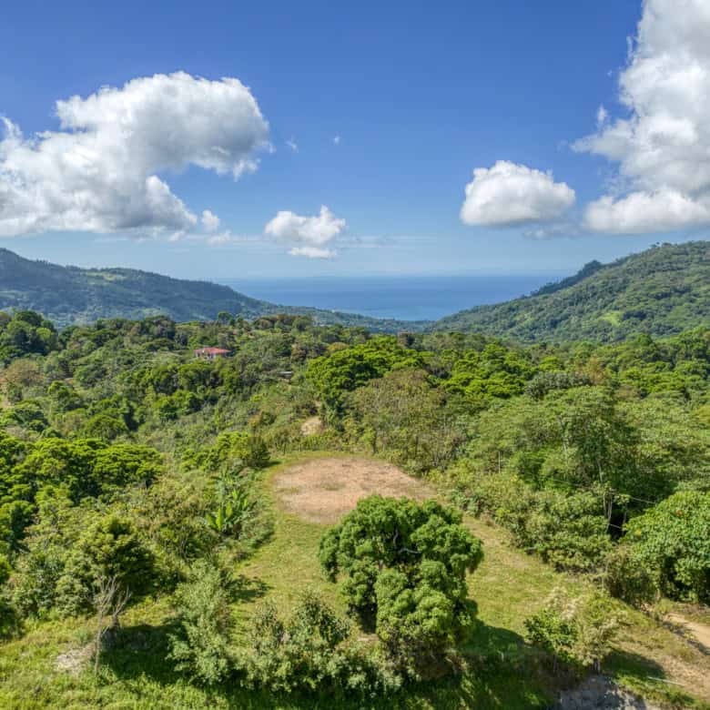 Beautiful lush green tropical mountain scenery with clear blue sky and distant ocean view.