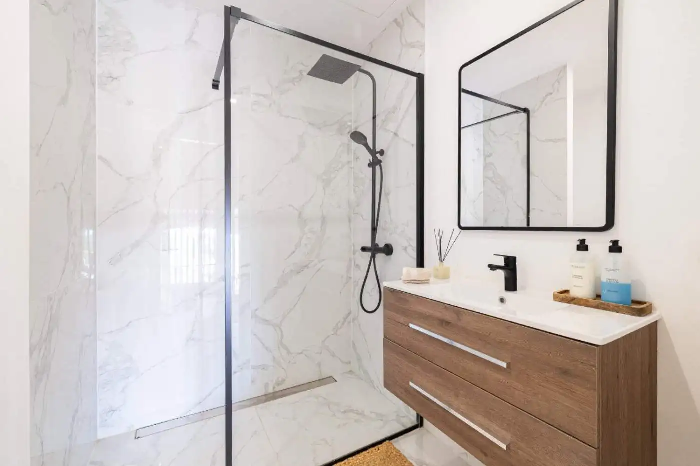 Luxurious bathroom in a modern penthouse with sleek design and marble finishes.