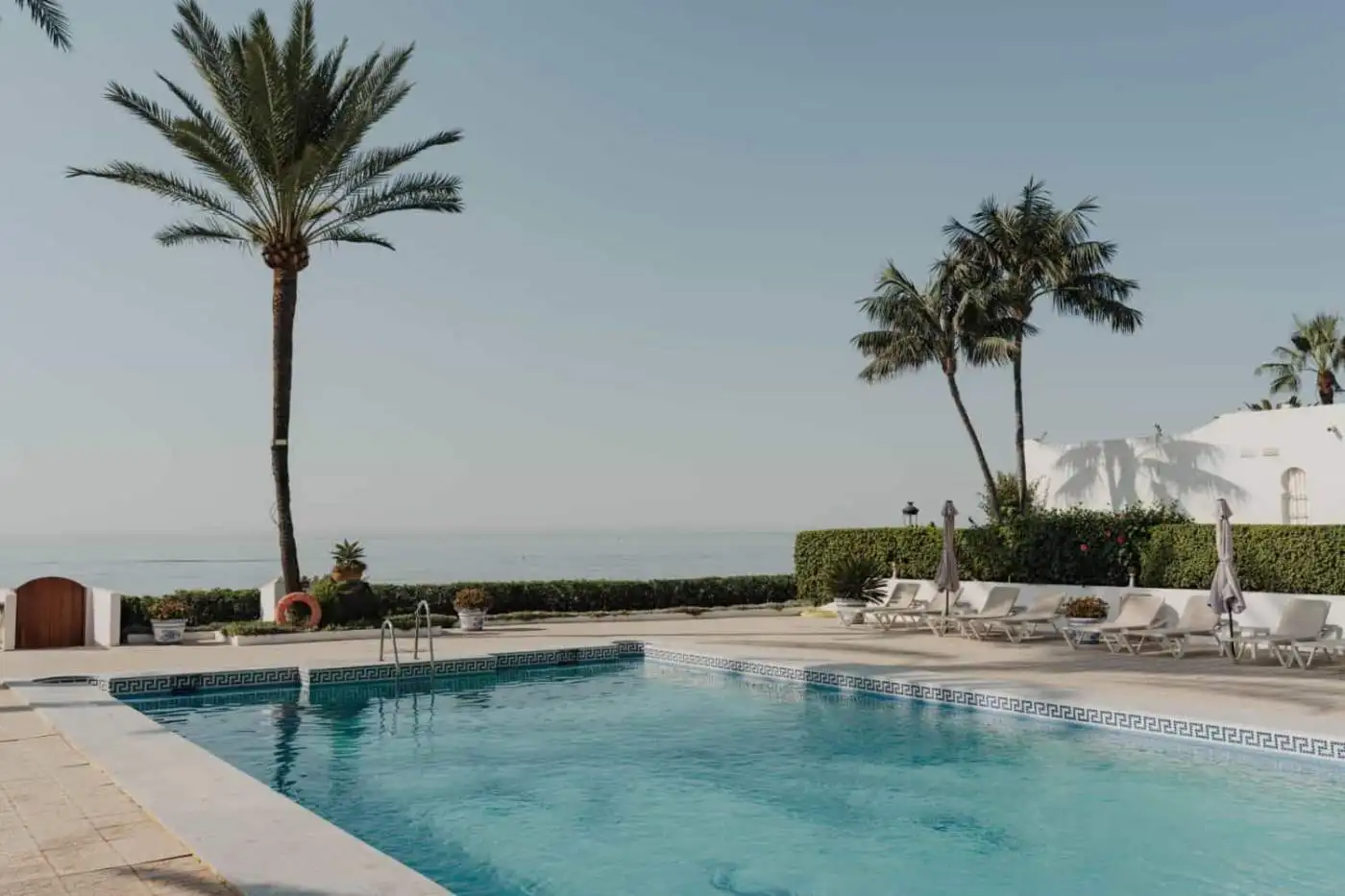 Pool and palm trees at a luxurious Marbella beachfront property.