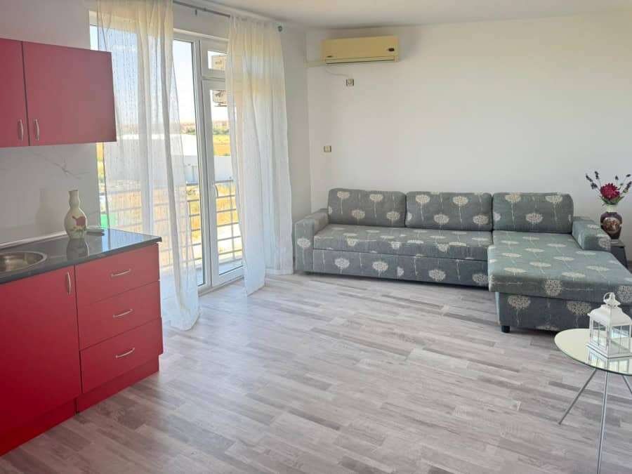 Bright living room with sofa and balcony access in Sunny Day 5.