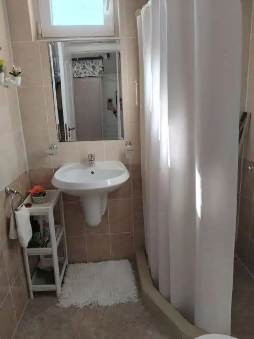 Bright bathroom with sink and shower in modern Sunny Day 5 apartment.