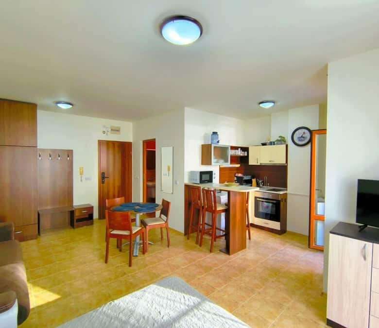 Modern studio apartment in Sveti Vlas, 48 sq.m., near the sea, with open-plan living area.